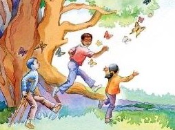 Illustration from the I Am Who? book: children playing beneath a tree among butterflies
